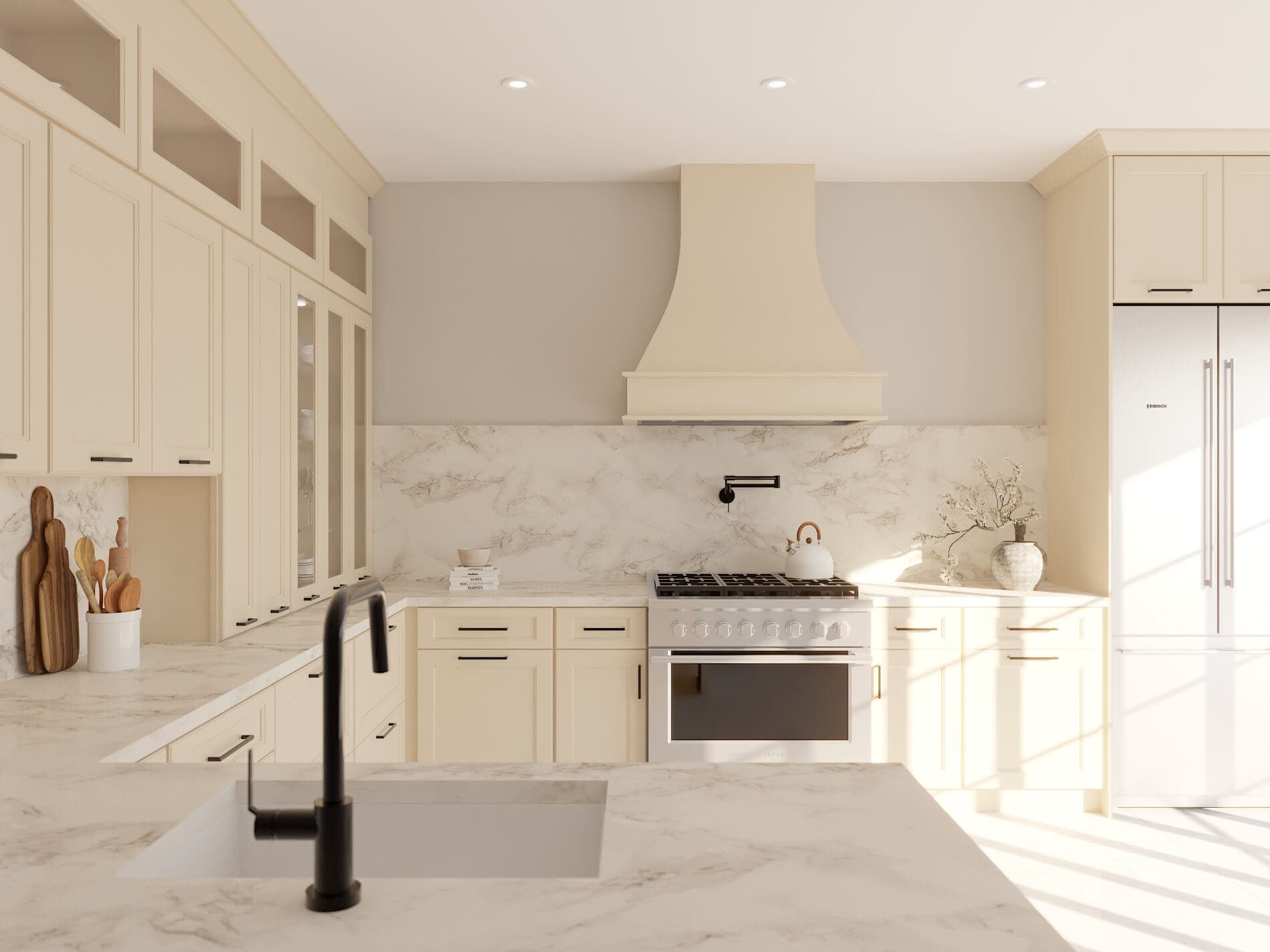 Fabuwood Allure Fusion Macadamia Beige cream kitchen with marble