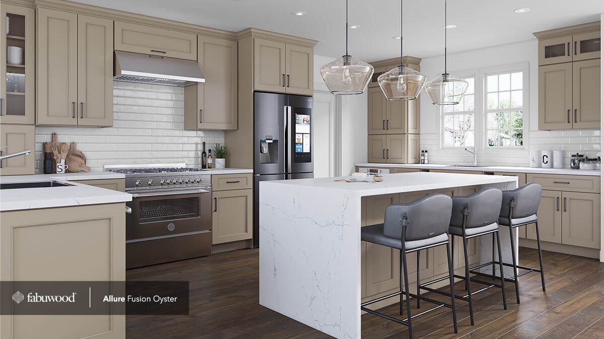 Fabuwood Allure Fusion Oyster kitchen with marble countertops