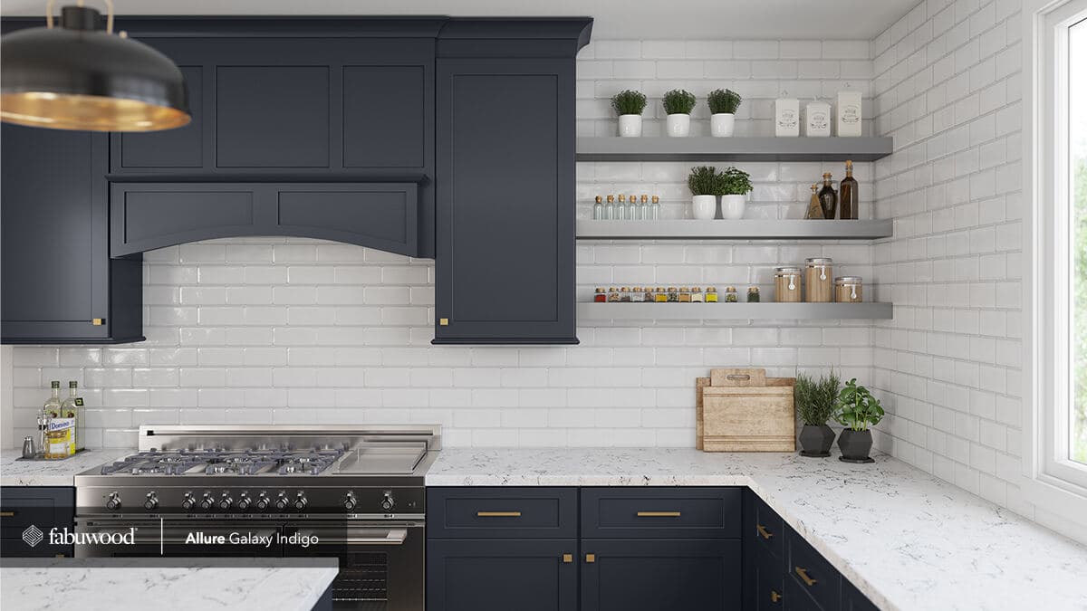 Fabuwood Allure Galaxy Indigo navy kitchen with gold hardware