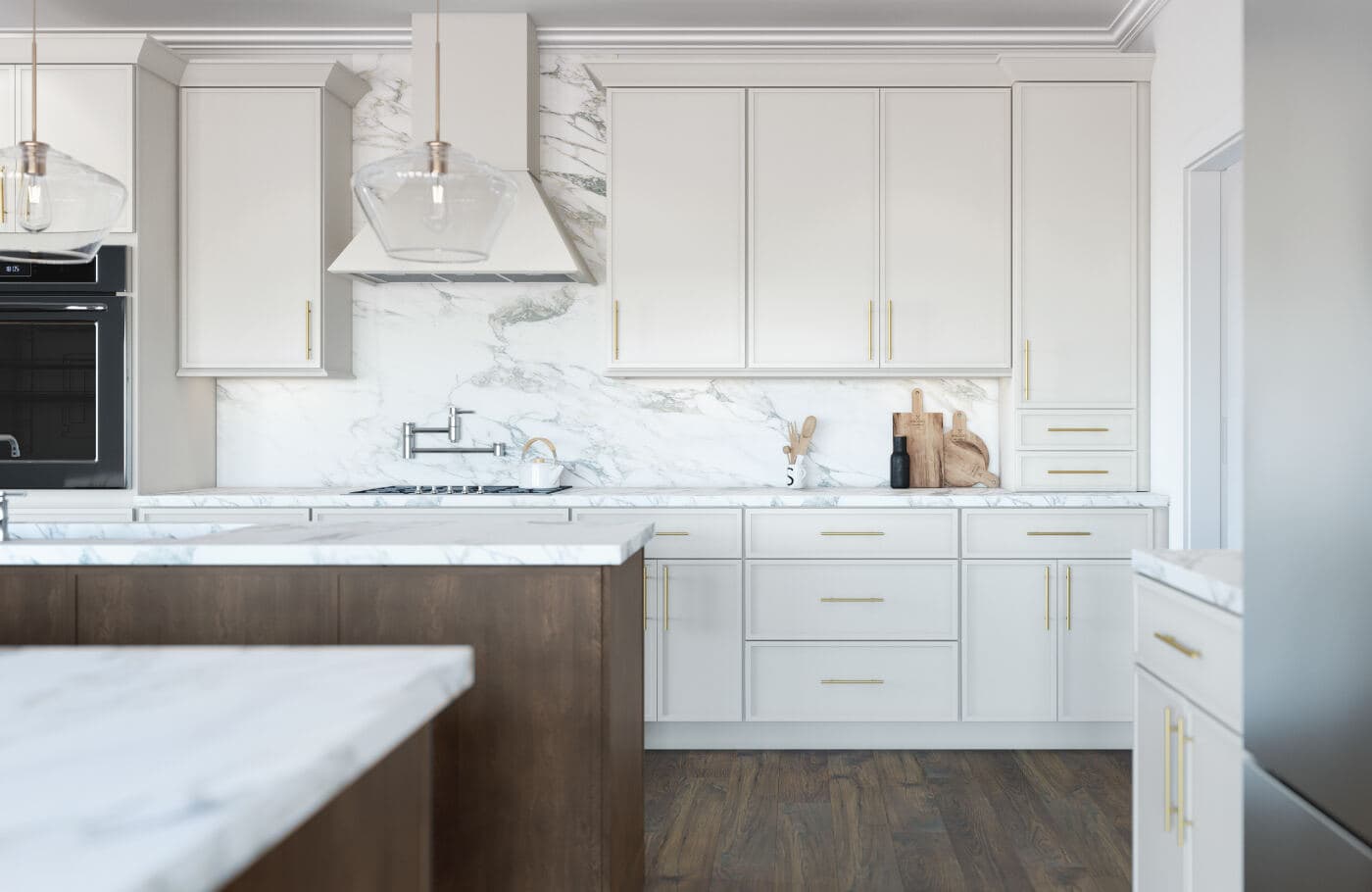 Fabuwood Allure Luna Dove and Kona kitchen with island